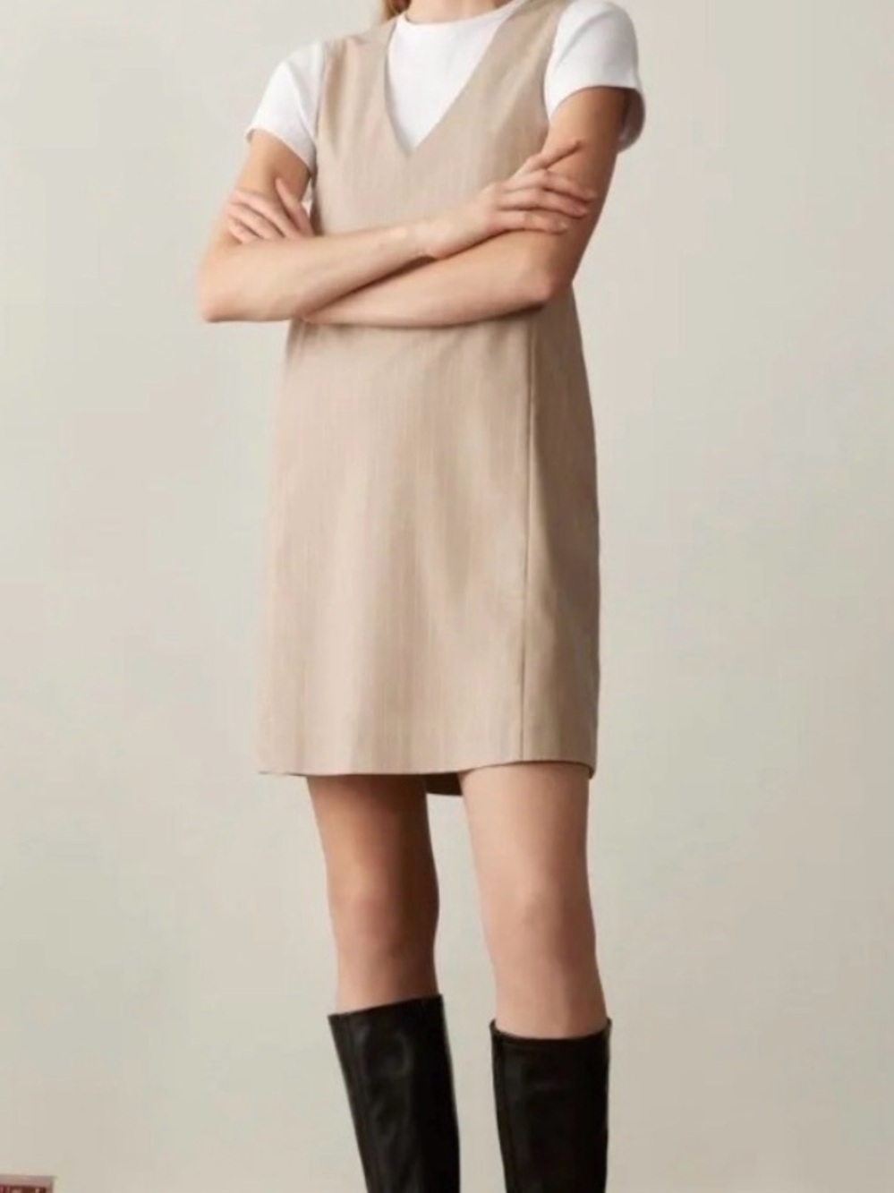 Frank & Oak | The Pinstriped Pinafore Dress in Oxford Tan | XL